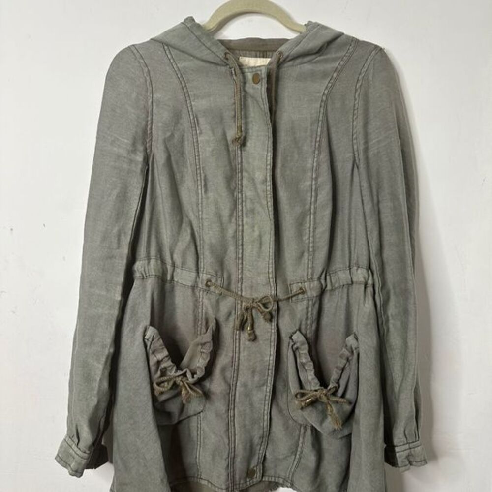 Free People Women's Green Hooded Utility Pockets Cinch Waist Anorak Jacket